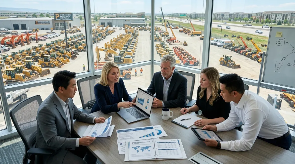 Rental industry leaders reviewing business trends and fleet performance data for future growth