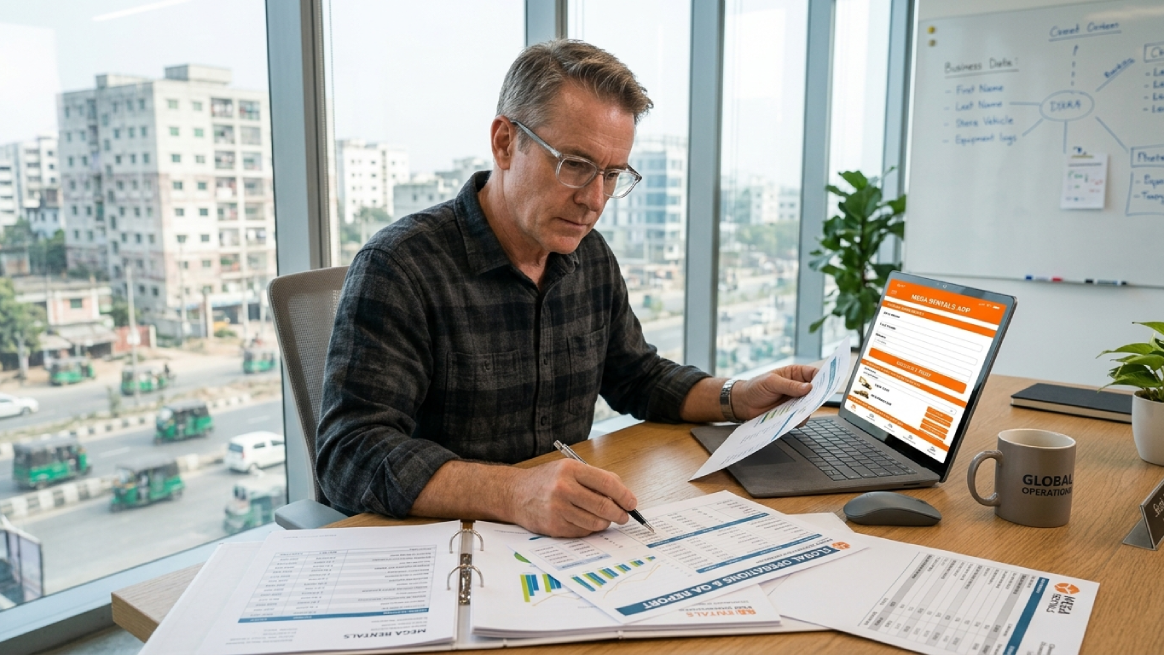 Business analyst examining rental revenue metrics and pricing performance reports