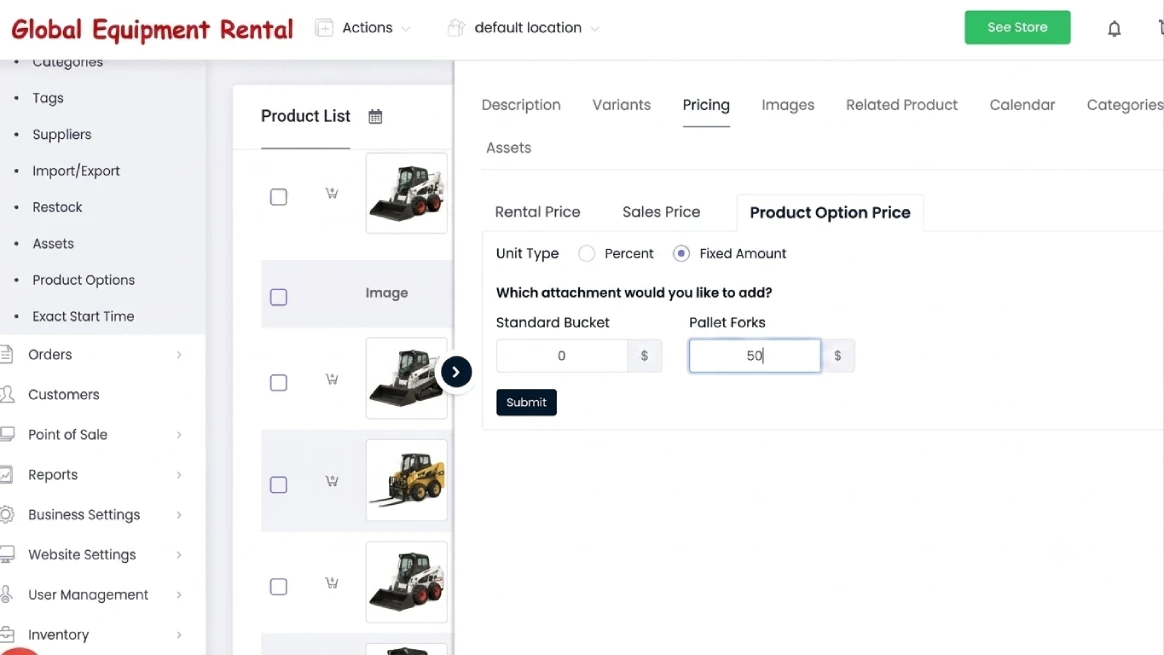 RentMy attachment bundles pricing setup for skid steer rental business