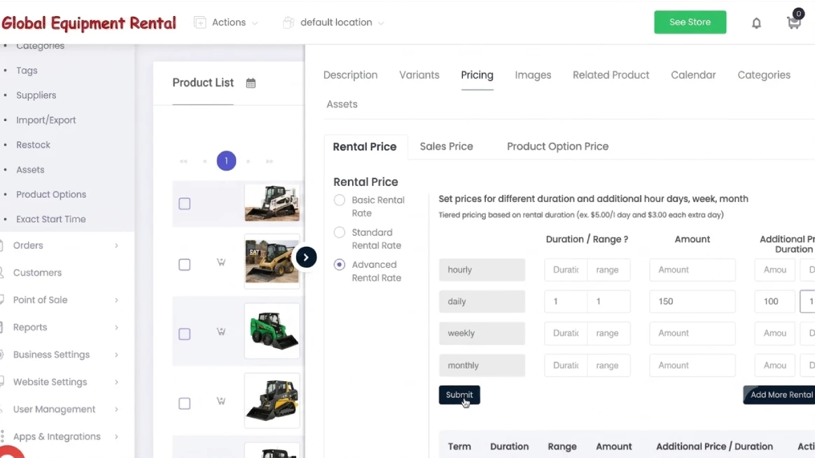 RentMy long‑term rental discount setup for skid steer rental business