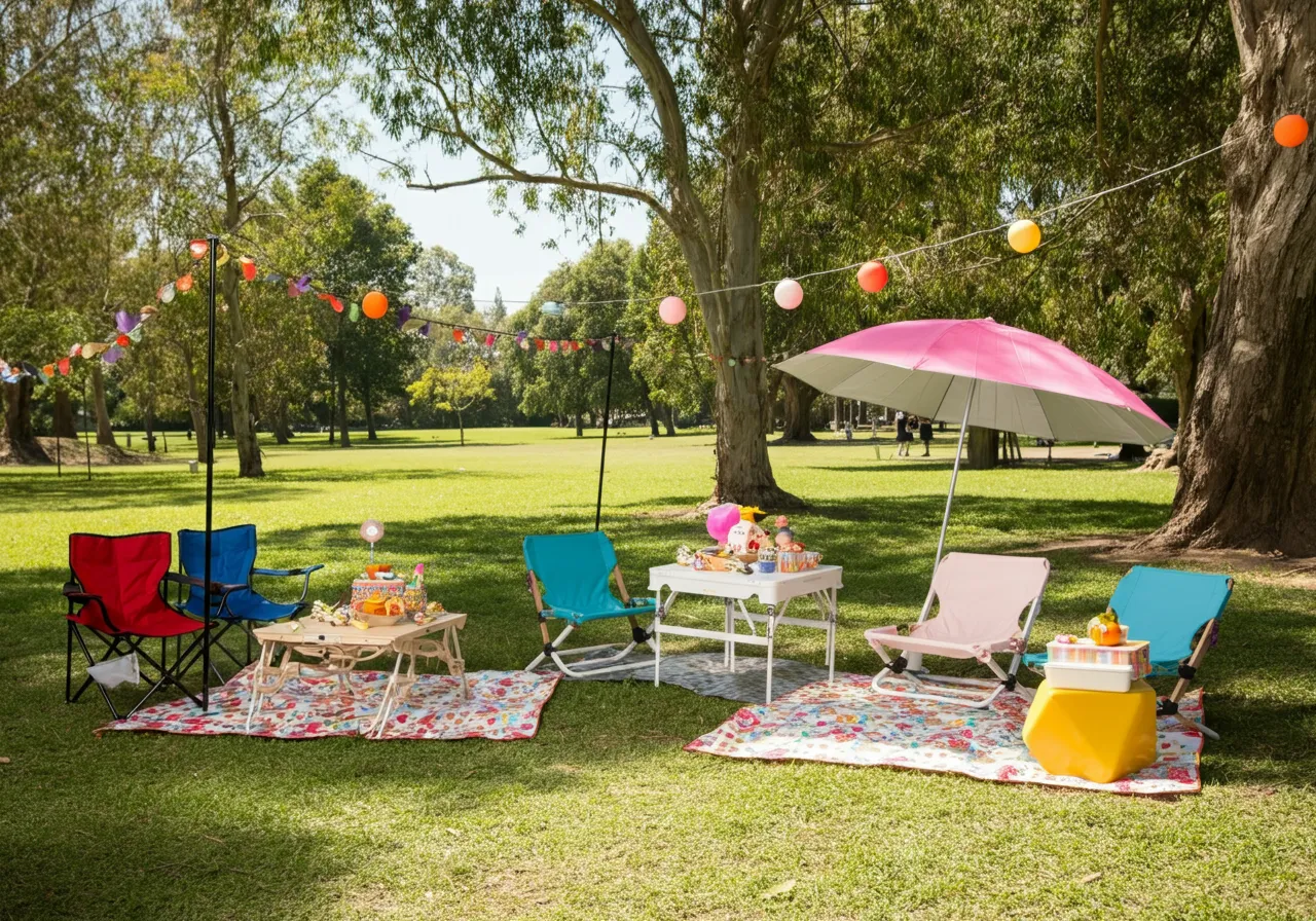 Festive outdoor pop-up with blankets, umbrellas, chairs, lights, and quirky decor!