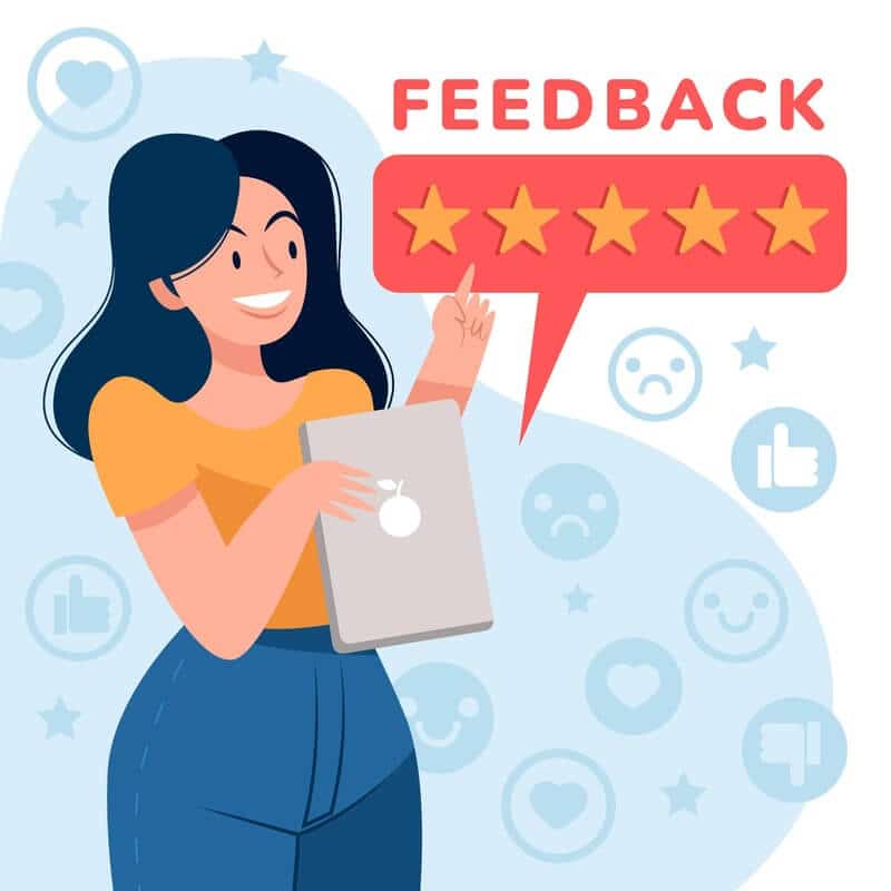 Person pointing to five-star feedback on a tablet, symbolizing customer loyalty through bike rental membership programs