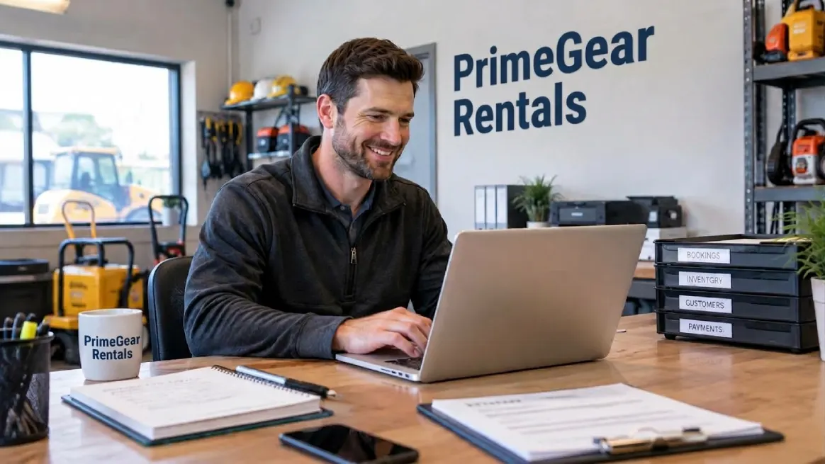 Office workspace showing rental software centralizing bookings and inventory