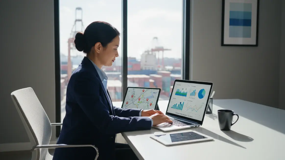 Business analyst reviewing container rental revenue graphs with port backdrop