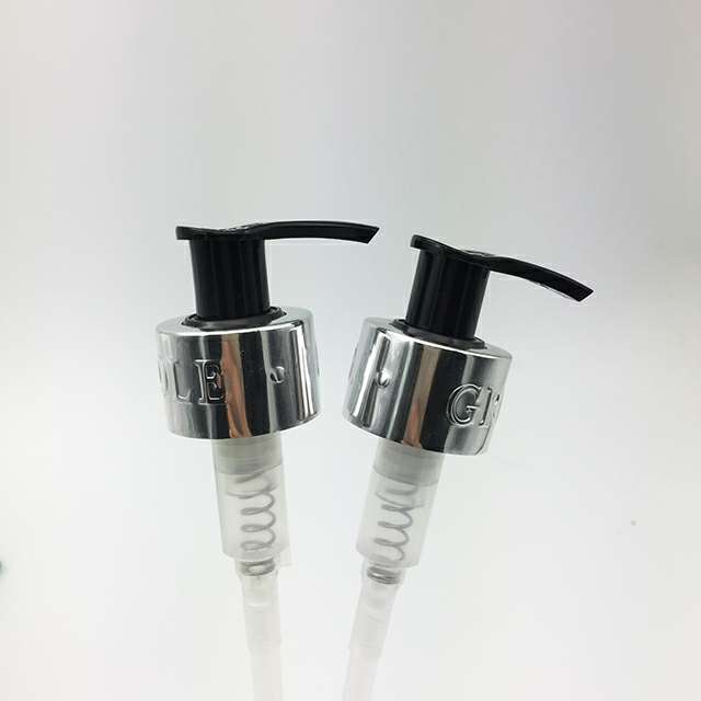 shiny aluminum collar lotion pump with emboss logo cosmetic customized dispenser pump