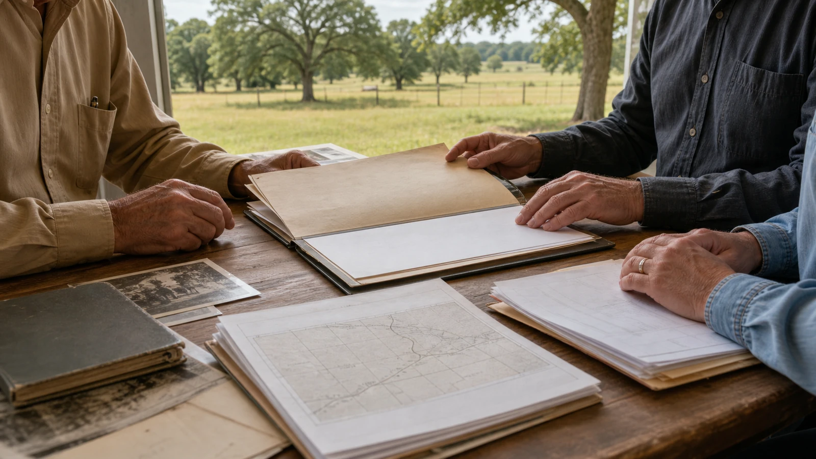 Family reviewing deed, heirship, and map records for inherited Texas land