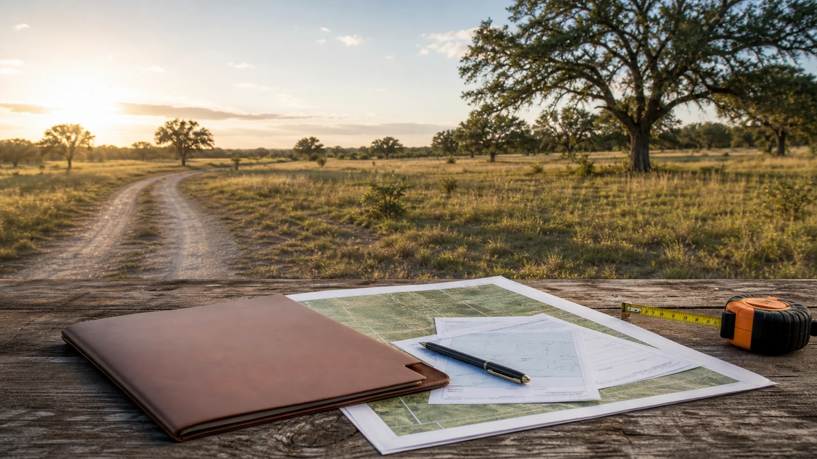Land records, map, and measuring tape prepared for a Texas land sale