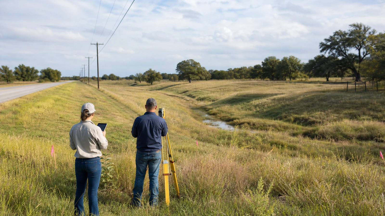 Buyer inspecting a Texas parcel with survey equipment and property markers