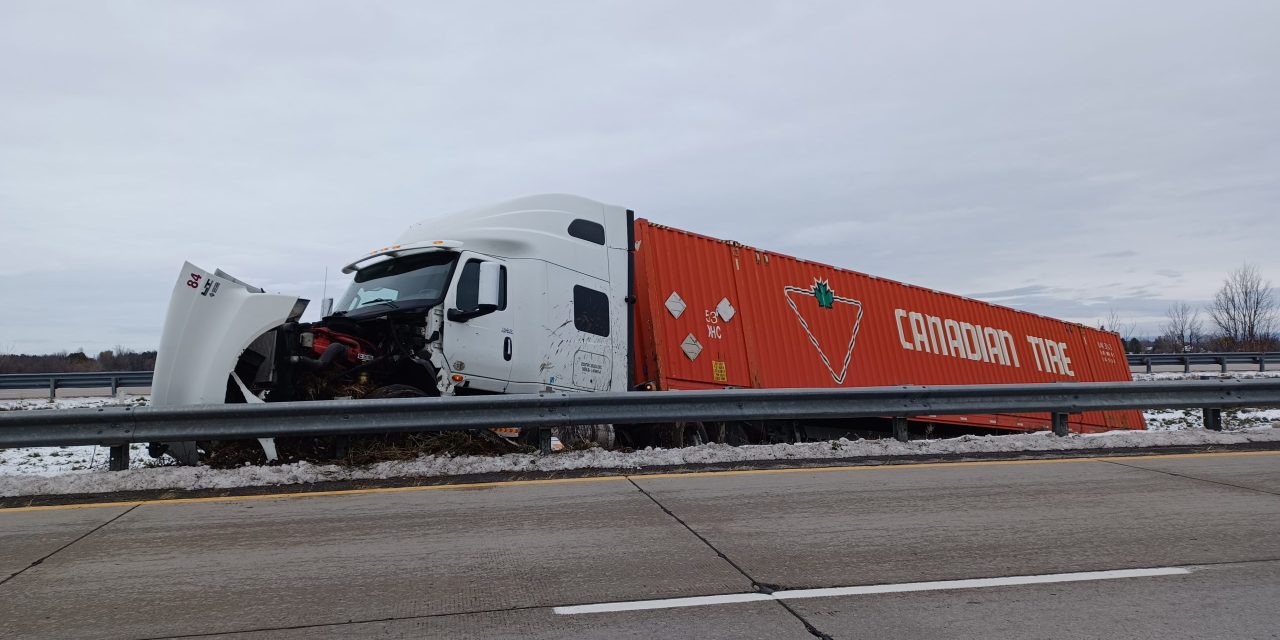 Tractor trailer jumps the road on Highway 417