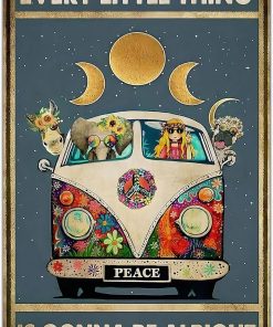 Vintage Hippie Poster Eevery Little Thing Is Gonna Be Alright Sign For Home Office Wall Décor Girl and Animal