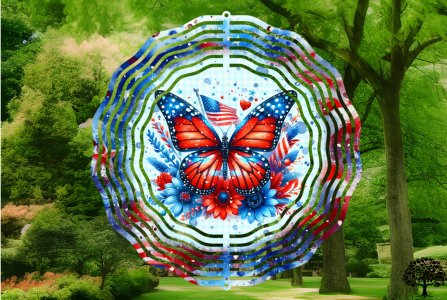 10" Metal Wind Spinner Red White Blue Butterfly Handmade