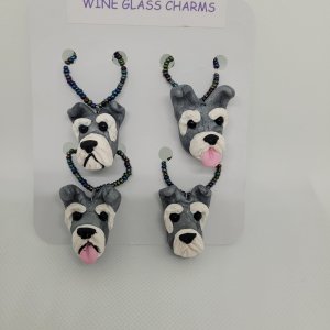 Set of 4 Hand Sculpted Polymer Clay Schnauzer Dog Wine Glass Charms by Bubaloo's Art