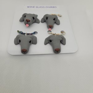 Set of 4 Hand Sculpted Polymer Clay Weimaraner Dog Wine Glass Charms by Bubaloo's Art