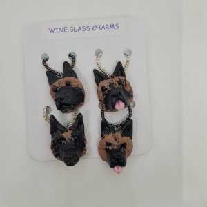 Set of 4 Hand Sculpted Polymer Clay German Shepard Dog Wine Glass Charms by Bubaloo's Art
