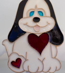 Nightlight Puppy with big red heart and blue eyes.