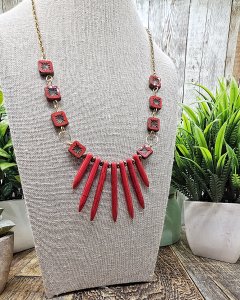 Red Spikes and Squares Necklace