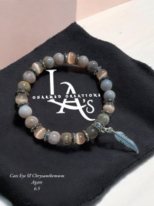 Peach Cat’s Eye and Chysanthemum Agate charm bracelet