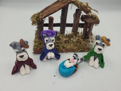 4-Peice Schnauzer Dog Clay Nativity Set by Bubaloo's Art