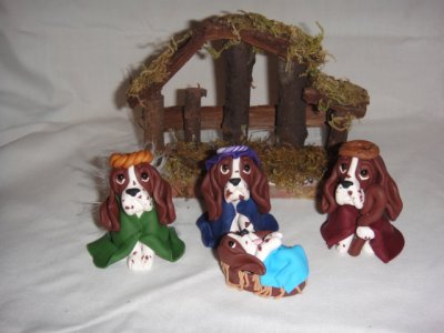 4-Peice Bassett Hound Clay Nativity Set by Bubaloo's Art