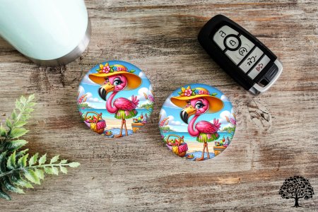 Beach Flamingo Ceramic Car/Truck Coasters Handmade