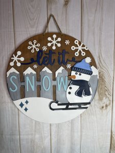 Snowman Let It Snow Winter Fence Wood Door Hanger