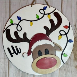 Reindeer and Lights Christmas Wood Door Hanger