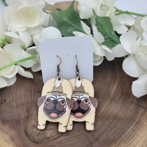 Pug Hand Painted Wood Earrings by Bubaloo's Art