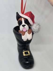 Personalized Boxer Dog in Santa's Boot Ornament ~ Bubaloo's Art