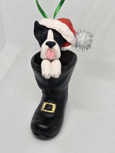Personalized Boston Terrier Dog in Santa's Boot Ornament ~ Bubaloo's Art
