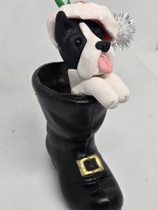 Personalized Boston Terrier Dog in Santa's Boot Ornament ~ Bubaloo's Art