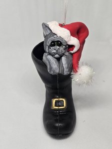 Personalized Grey & White Cat in Santa's Boot Ornament ~ Bubaloo's Art