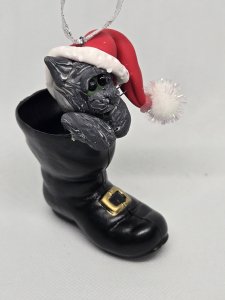 Personalized Grey & White Cat in Santa's Boot Ornament ~ Bubaloo's Art
