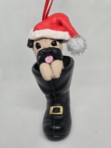 Personalized Pug Dog in Santa's Boot Ornament ~ Bubaloo's Art