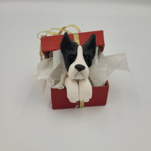 Boston Terrier Dog in Gift Box Ornament ~ Bubaloo's Art