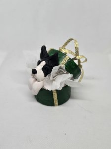 Boston Terrier Dog in Gift Box Ornament ~ Bubaloo's Art