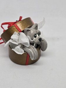 Grey & White Cat in a Gift Box Ornament ~ Bubaloo's Art