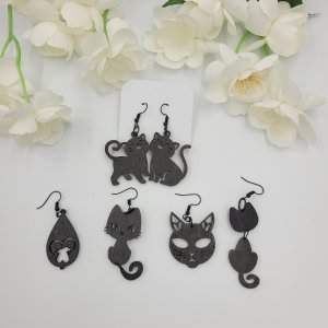 Wooden Cat, Kitten Dangle, Drop Earrings Black ~ Bubaloo's Art