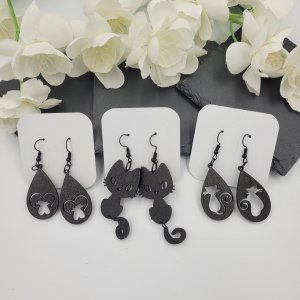 Wooden Cat, Kitten Dangle, Drop Earrings Black ~ Bubaloo's Art