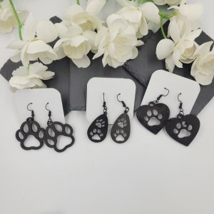 Wooden Dog , Cat Paw Print Earrings Metallic Black by Bubaloo's Art
