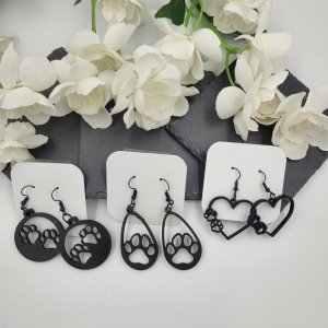 Wooden Dog , Cat Paw Print Earrings Metallic Black by Bubaloo's Art