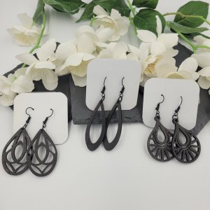 Wooden Tear Drop Dangle Earrings Metallic Black by Bubaloo's Art