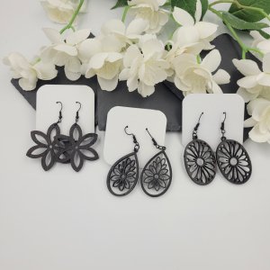 Wooden Flower Dangle Drop Earrings Metallic Black by Bubaloo's Art