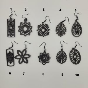 Wooden Flower Dangle Drop Earrings Metallic Black by Bubaloo's Art