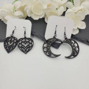 Wooden Dangle Drop Earrings Moon, Heart, Sailboat, Tree Metallic Black ~ Bubaloo's Art