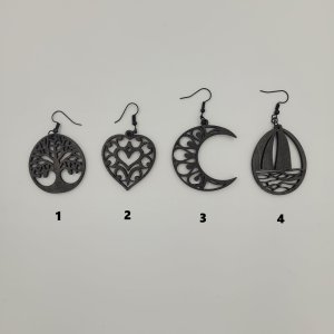 Wooden Dangle Drop Earrings Moon, Heart, Sailboat, Tree Metallic Black ~ Bubaloo's Art