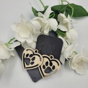 Wooden Dog, Cat Paw Print Earrings Natural Wood ~ Bubaloo's Art