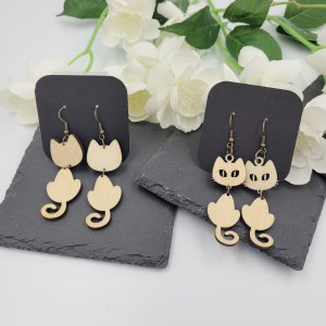 Wooden Cat, Kitten Dangle, Drop Earrings Natural Wood ~ Bubaloo's Art