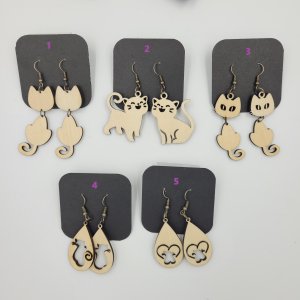 Wooden Cat, Kitten Dangle, Drop Earrings Natural Wood ~ Bubaloo's Art