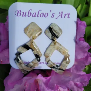 Double Square Tan, Black and Gold Polymer Clay Earrings A1