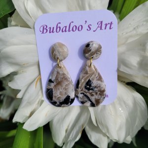 Circle Drop, Tan, Black and Gold Polymer Clay Earrings A6